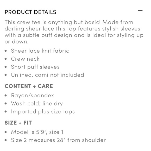 NWT TORRID Puff Sleeve Sheer Lace Crew Neck Tee Top Sz 2 18 20 - Picture 7 of 7